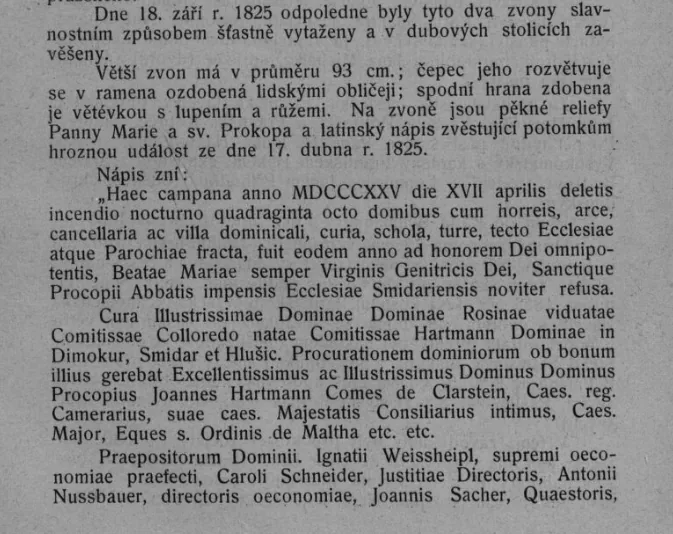 Zvon po požáru Smidar 1825 – latinský nápis (výřez z Pamětí)